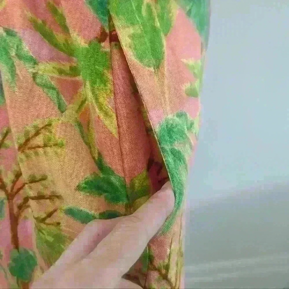 MONTEAU | Women's Peach/Pink Tropical Linen Blend Belted Midi Sun Dress - Picture 5 of 6